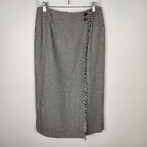 Vintage Talbots Black & White Houndstooth Faux Wrap Maxi Skirt Fringe (8) #0591‎